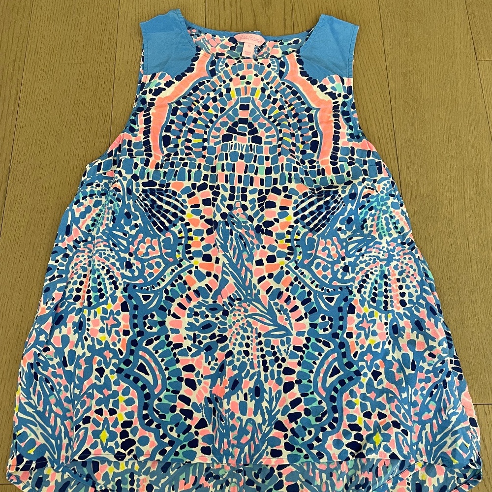 Lilly Pulitzer Pure Silk Tank Top Pink Blue and White Patter Size Medium
